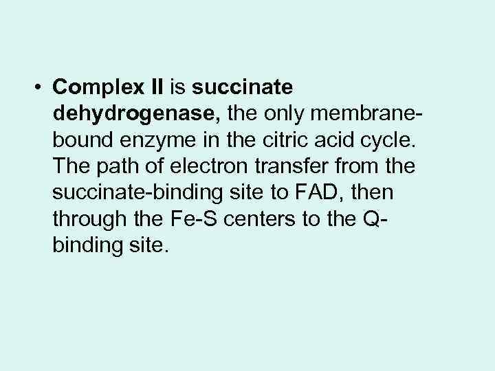  • Complex II is succinate dehydrogenase, the only membranebound enzyme in the citric