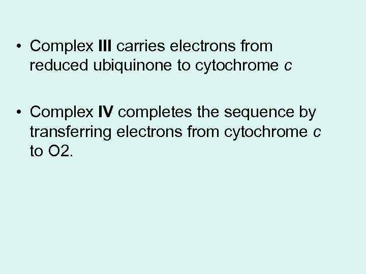  • Complex III carries electrons from reduced ubiquinone to cytochrome c • Complex
