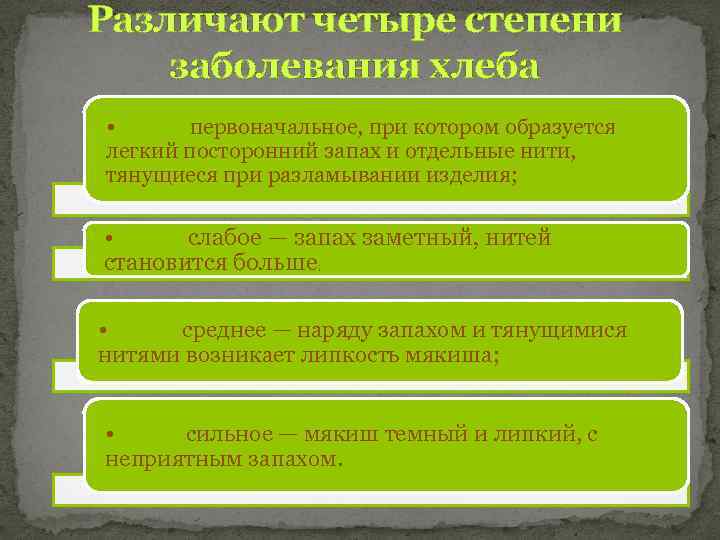 Различают четыре степени заболевания хлеба • первоначальное, при котором образуется легкий посторонний запах и