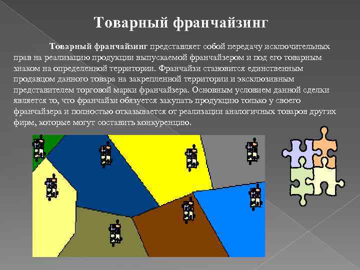 Товарный франчайзинг представляет собой передачу исключительных прав на реализацию продукции выпускаемой франчайзером и под