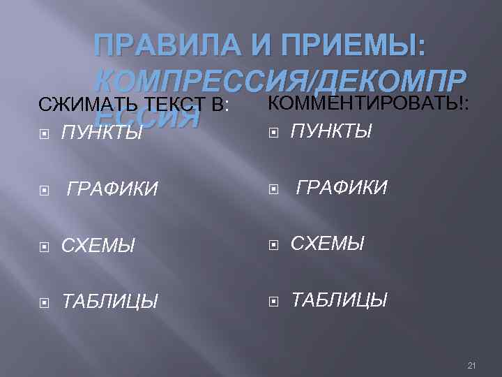 ПРАВИЛА И ПРИЕМЫ: КОМПРЕССИЯ/ДЕКОМПР КОММЕНТИРОВАТЬ!: СЖИМАТЬ ТЕКСТ В: ЕССИЯ ПУНКТЫ ГРАФИКИ СХЕМЫ ТАБЛИЦЫ 21