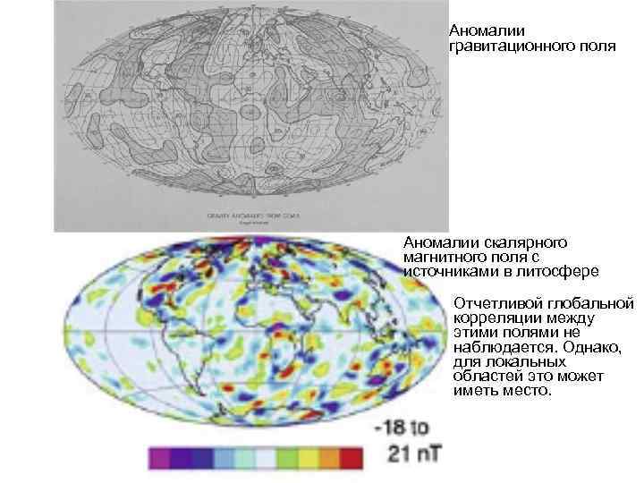 Аномалии гравитационного поля Аномалии скалярного магнитного поля с источниками в литосфере Отчетливой глобальной корреляции