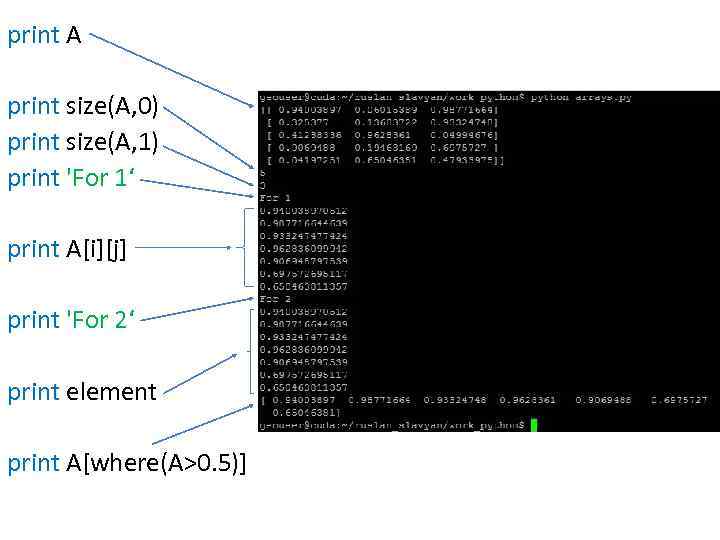 print A print size(A, 0) print size(A, 1) print 'For 1‘ print A[i][j] print