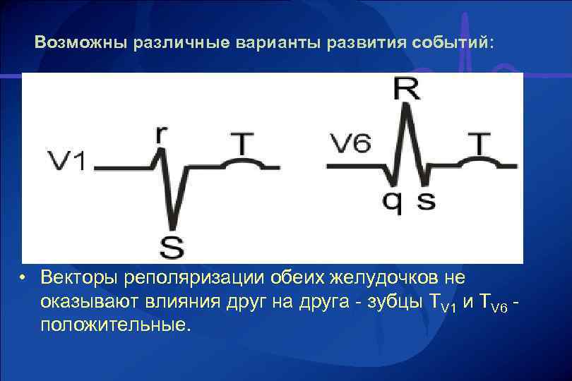 Возможны различные варианты развития событий: • Векторы реполяризации обеих желудочков не оказывают влияния друг