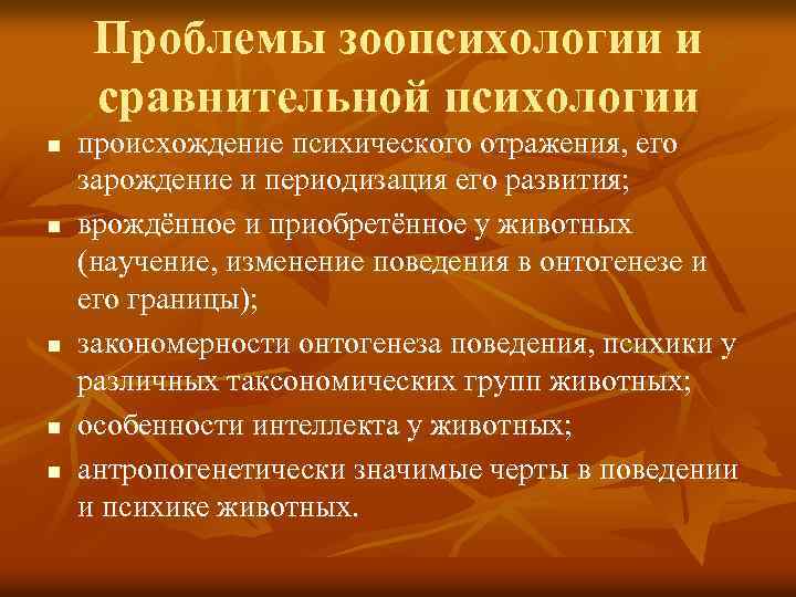 Проблемы зоопсихологии и сравнительной психологии n n n происхождение психического отражения, его зарождение и