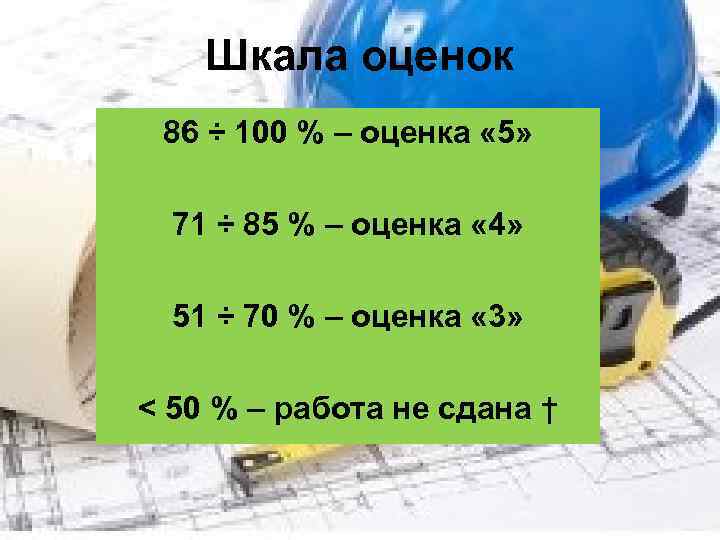 Шкала оценок 86 ÷ 100 % – оценка « 5» 71 ÷ 85 %