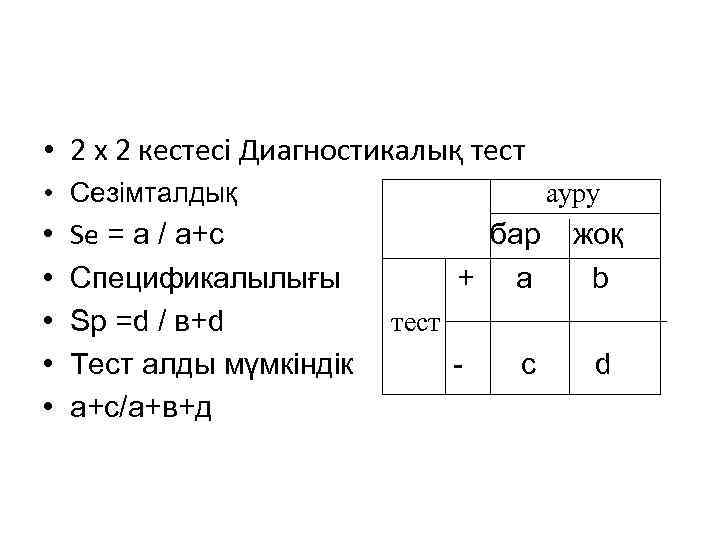  • 2 х 2 кестесі Диагностикалық тест • Сезімталдық • • • Se