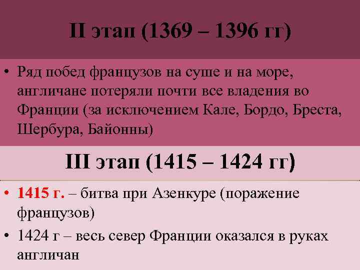 II этап (1369 – 1396 гг) • Ряд побед французов на суше и на