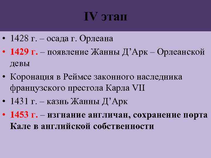 IV этап • 1428 г. – осада г. Орлеана • 1429 г. – появление