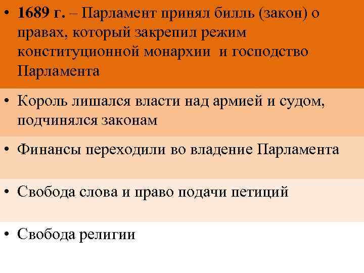  • 1689 г. – Парламент принял билль (закон) о правах, который закрепил режим