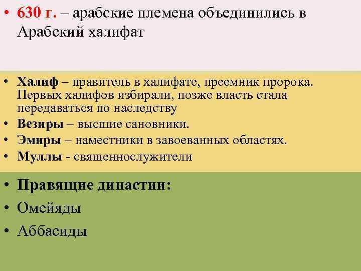  • 630 г. – арабские племена объединились в Арабский халифат • Халиф –