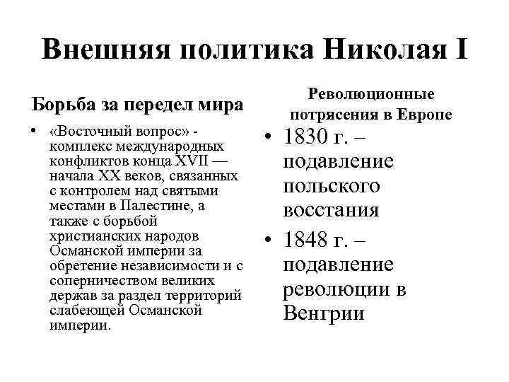 Внешняя политика Николая I Борьба за передел мира • «Восточный вопрос» - комплекс международных