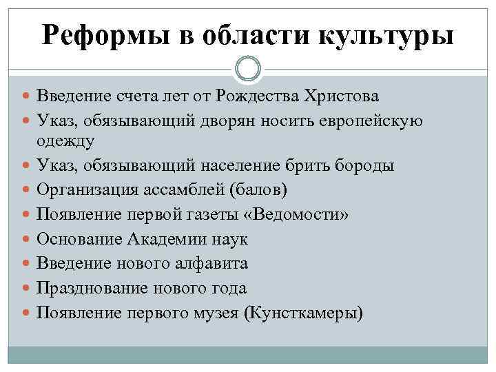 Реформы в области культуры Введение счета лет от Рождества Христова Указ, обязывающий дворян носить