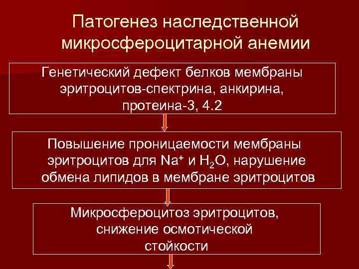 Патогенез наследственной микросфероцитарной анемии Генетический дефект белков мембраны эритроцитов-спектрина, анкирина, протеина-3, 4. 2 Повышение