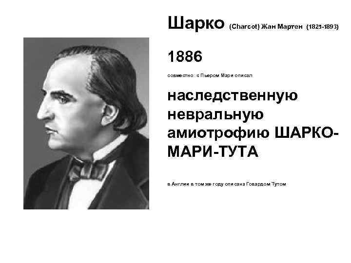 Шарко (Charcot) Жан Мартен (1825 -1893) 1886 совместно с Пьером Мари описал наследственную невральную