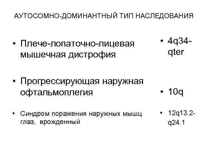 АУТОСОМНО-ДОМИНАНТНЫЙ ТИП НАСЛЕДОВАНИЯ • Плече-лопаточно-лицевая мышечная дистрофия • 4 q 34 qter • Прогрессирующая