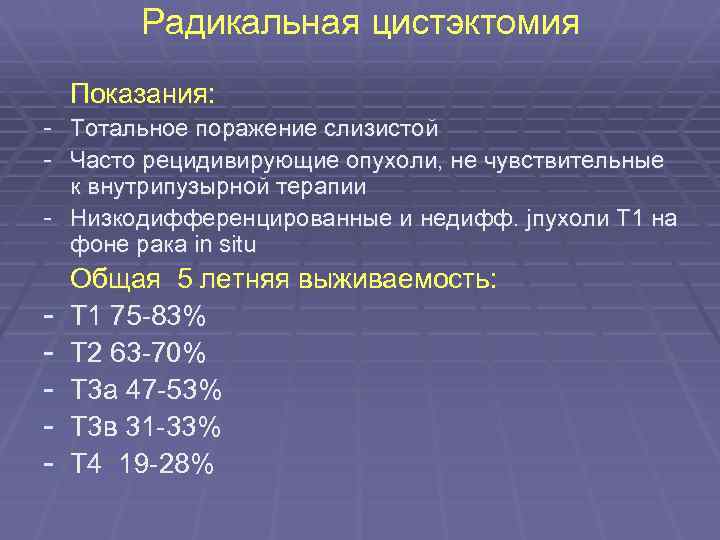 Радикальная цистэктомия Показания: - Тотальное поражение слизистой - Часто рецидивирующие опухоли, не чувствительные к