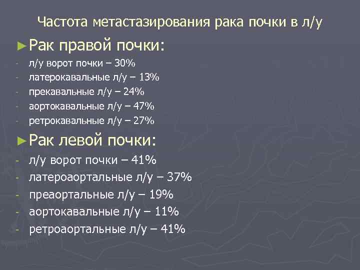 Частота метастазирования рака почки в л/у ► Рак - л/у ворот почки – 30%
