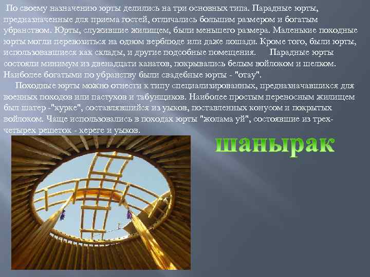 По своему назначению юрты делились на три основных типа. Парадные юрты, предназначенные для приема