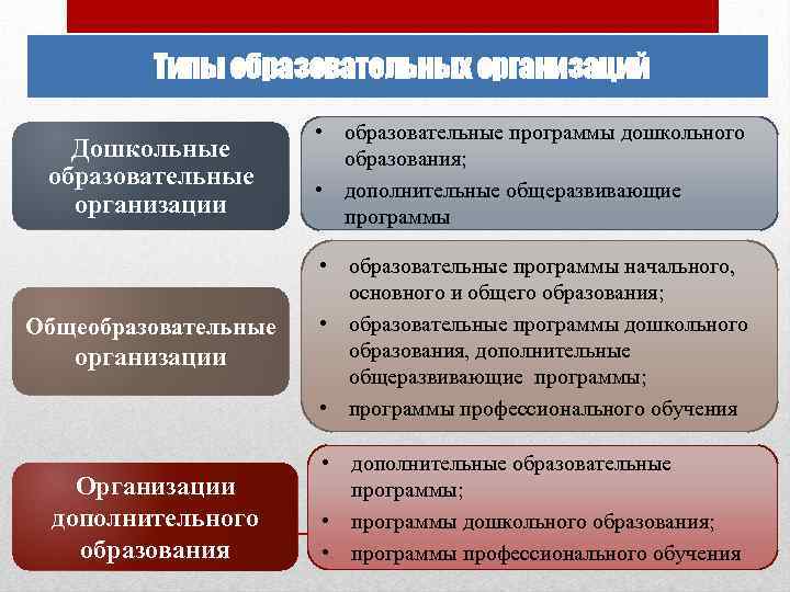 Типы образовательных организаций Дошкольные образовательные организации • образовательные программы дошкольного образования; • дополнительные общеразвивающие
