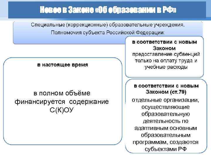 Новое в Законе «Об образовании в РФ» в полном объёме финансируется содержание С(К)ОУ отдельные