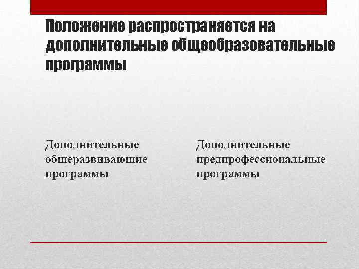 Положение распространяется на дополнительные общеобразовательные программы Дополнительные общеразвивающие программы Дополнительные предпрофессиональные программы 
