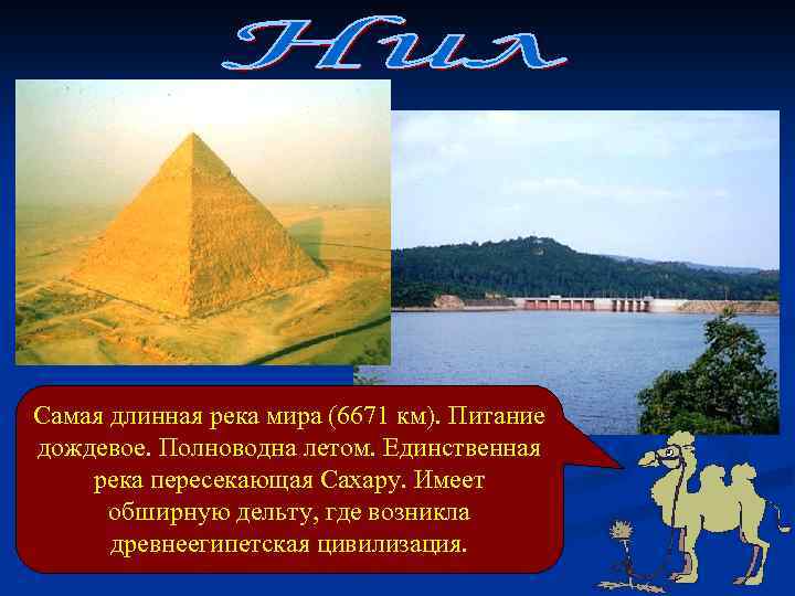 Самая длинная река мира (6671 км). Питание дождевое. Полноводна летом. Единственная река пересекающая Сахару.