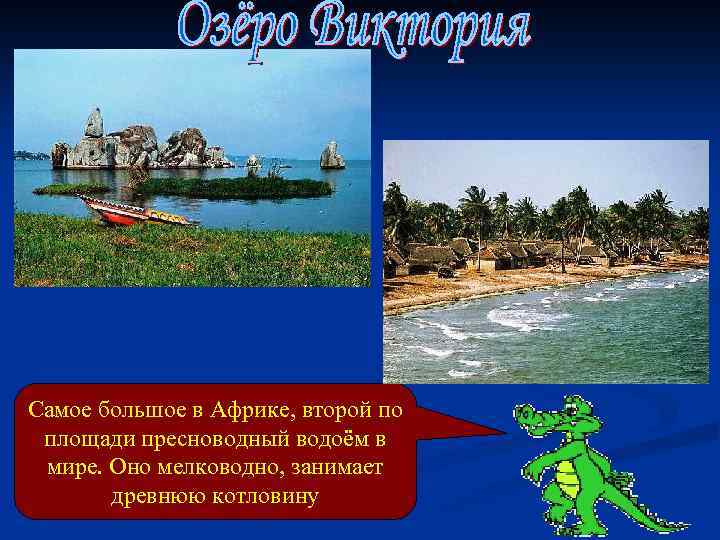 Самое большое в Африке, второй по площади пресноводный водоём в мире. Оно мелководно, занимает
