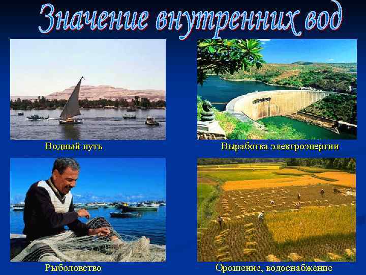 Водный путь Рыболовство Выработка электроэнергии Орошение, водоснабжение 