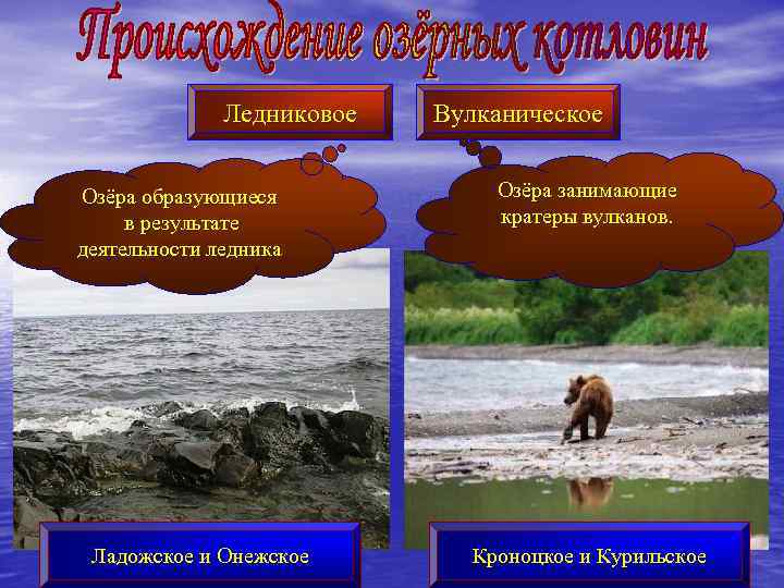 Ледниковое Озёра образующиеся в результате деятельности ледника Ладожское и Онежское Вулканическое Озёра занимающие кратеры