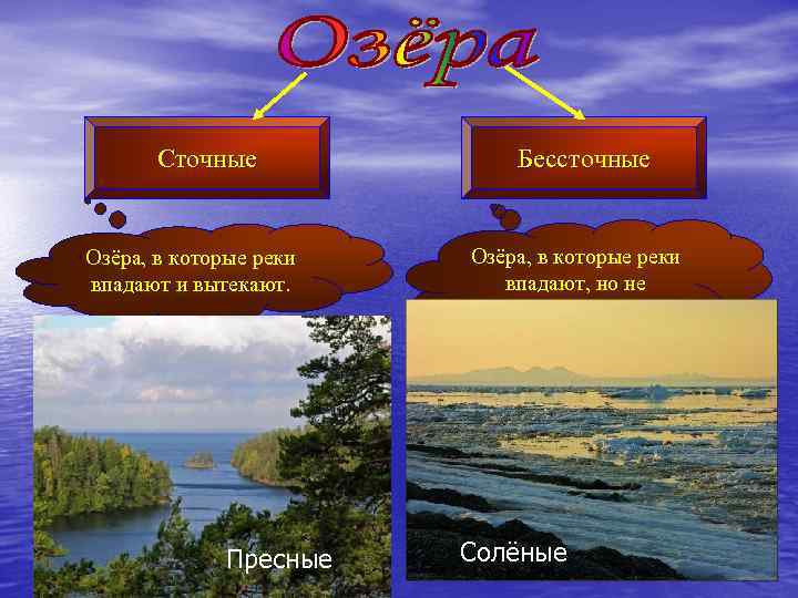 Сточные Озёра, в которые реки впадают и вытекают. Пресные Бессточные Озёра, в которые реки