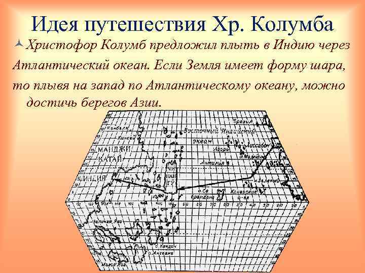 Идея путешествия Хр. Колумба © Христофор Колумб предложил плыть в Индию через Атлантический океан.