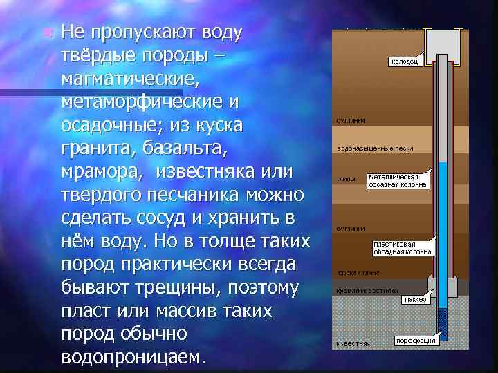 n Не пропускают воду твёрдые породы – магматические, метаморфические и осадочные; из куска гранита,