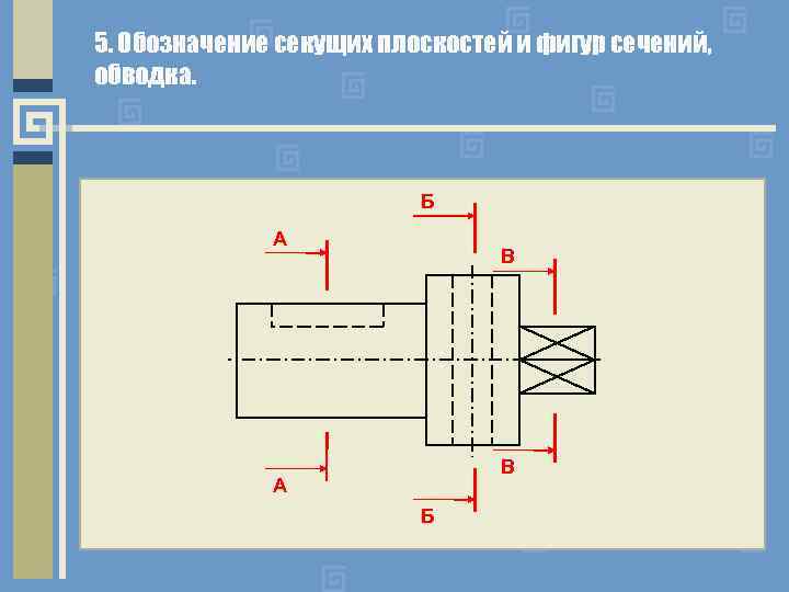 5. Обозначение секущих плоскостей и фигур сечений, обводка. Б А В В А Б