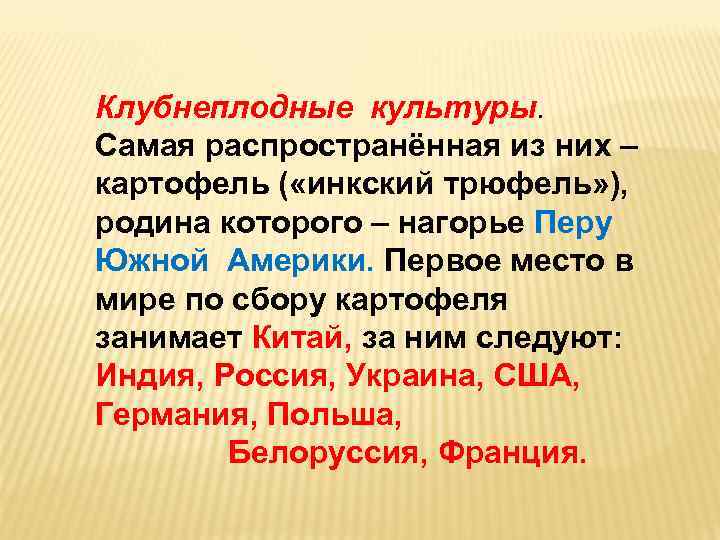 Клубнеплодные культуры. Самая распространённая из них – картофель ( «инкский трюфель» ), родина которого