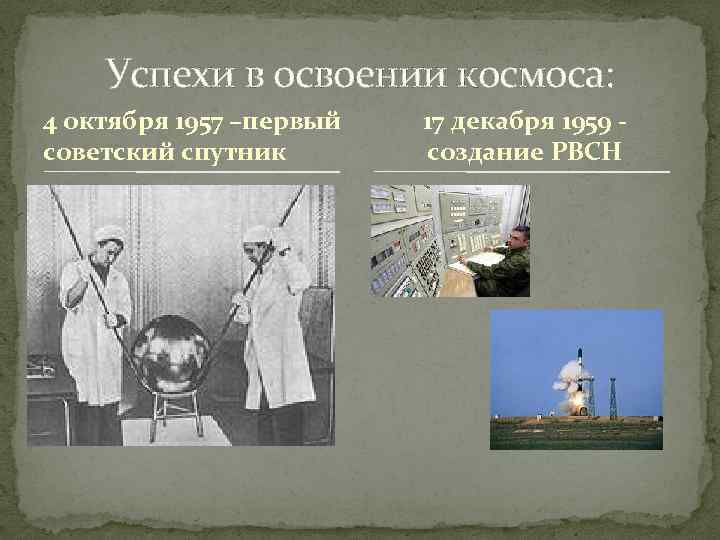 Успехи в освоении космоса: 4 октября 1957 –первый советский спутник 17 декабря 1959 создание