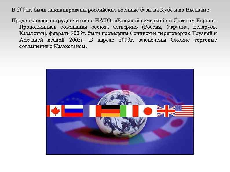 В 2001 г. были ликвидированы российские военные базы на Кубе и во Вьетнаме. Продолжилось