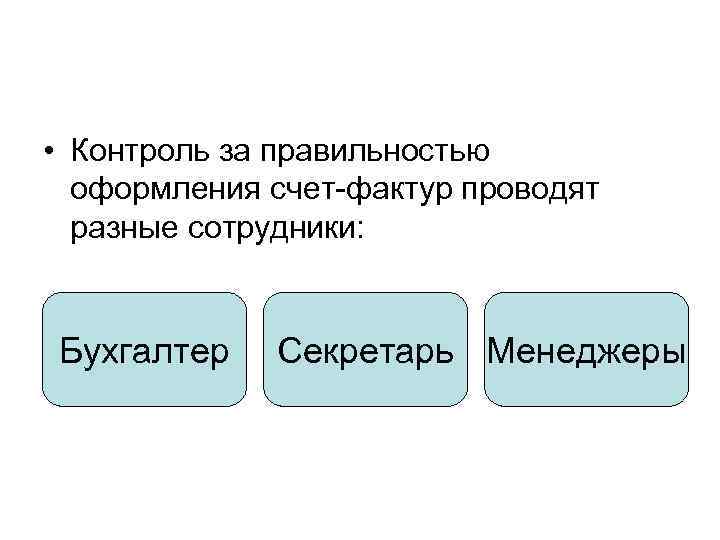  • Контроль за правильностью оформления счет-фактур проводят разные сотрудники: Бухгалтер Секретарь Менеджеры 