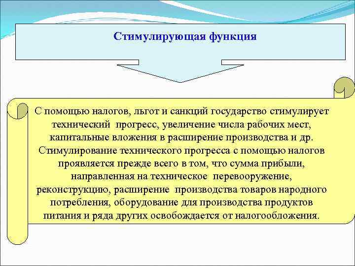 Стимулирующая функция С помощью налогов, льгот и санкций государство стимулирует технический прогресс, увеличение числа