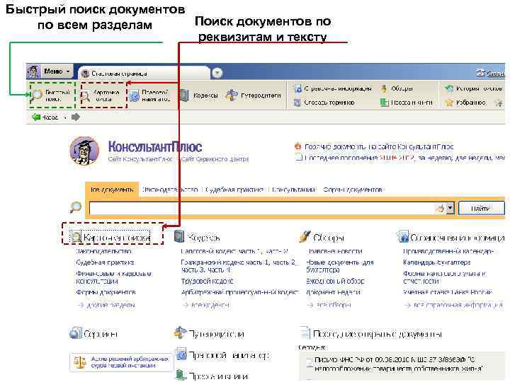Быстрый поиск документов Поиск документов по по всем разделам реквизитам и тексту 