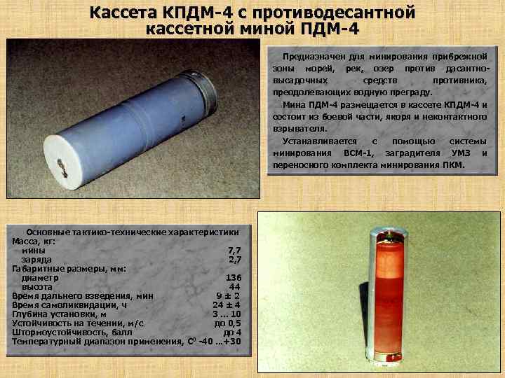 Кассета КПДМ-4 с противодесантной кассетной миной ПДМ-4 Предназначен для минирования прибрежной зоны морей, рек,