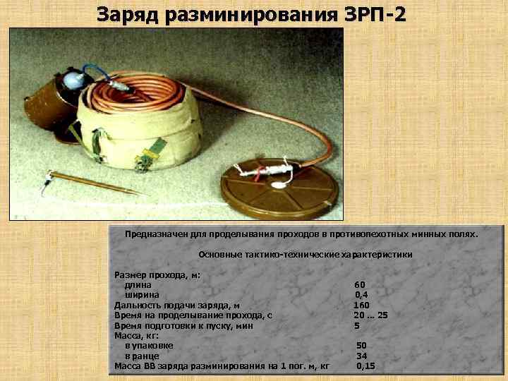 Заряд разминирования ЗРП-2 Предназначен для проделывания проходов в противопехотных минных полях. Основные тактико-технические характеристики