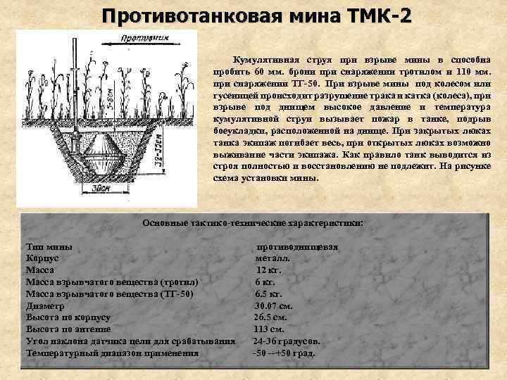 Противотанковая мина ТМК-2 Кумулятивная струя при взрыве мины в способна пробить 60 мм. брони