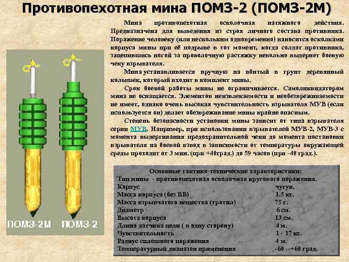 Противопехотная мина ПОМЗ-2 (ПОМЗ-2 М) Мина противопехотная осколочная натяжного действия. Предназначена для выведения из