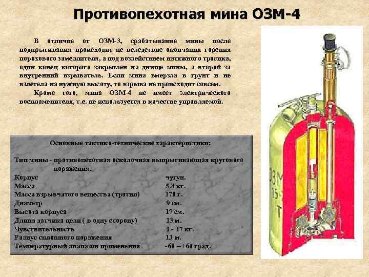 Противопехотная мина ОЗМ-4 В отличие от ОЗМ-3, срабатывание мины после подпрыгивания происходит не вследствие