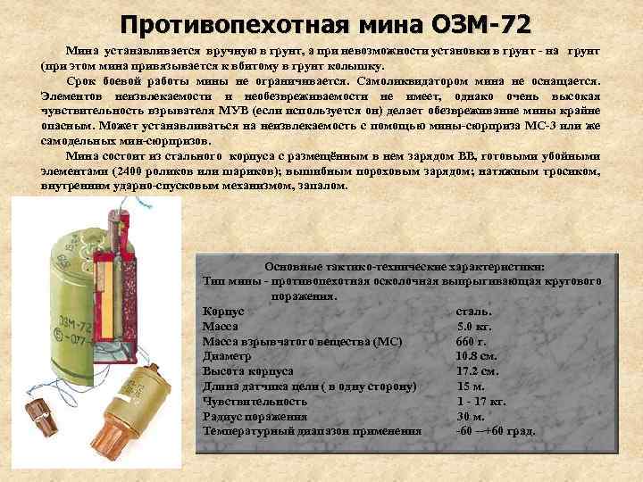 Противопехотная мина ОЗМ-72 Мина устанавливается вручную в грунт, а при невозможности установки в грунт