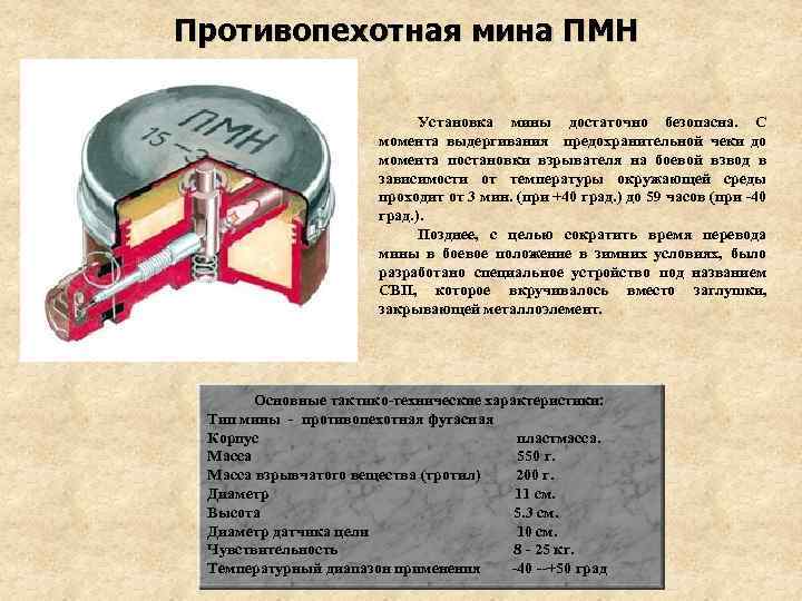 Противопехотная мина ПМН Установка мины достаточно безопасна. С момента выдергивания предохранительной чеки до момента