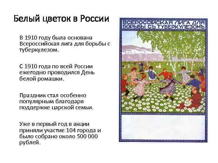 Белый цветок в России В 1910 году была основана Всероссийская лига для борьбы с