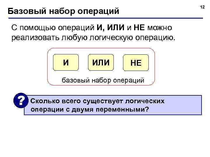 12 Базовый набор операций С помощью операций И, ИЛИ и НЕ можно реализовать любую