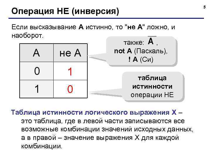 5 Операция НЕ (инверсия) Если высказывание A истинно, то 